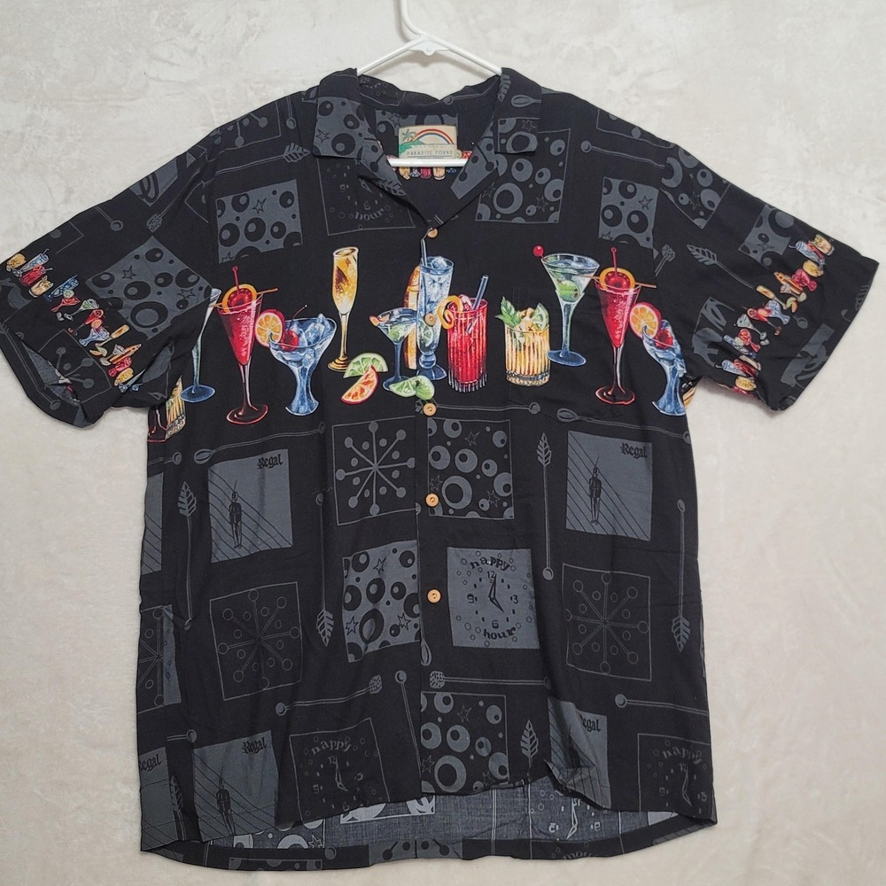 Paradise Found Shirt Mens Extra Large Black Cocktail Drinks Hawaiian Party Aloha